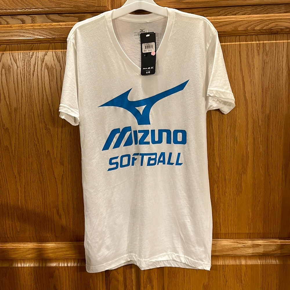 Mizuno White Softball,  v-neck, t-shirt,  100%cotton with blue lettering